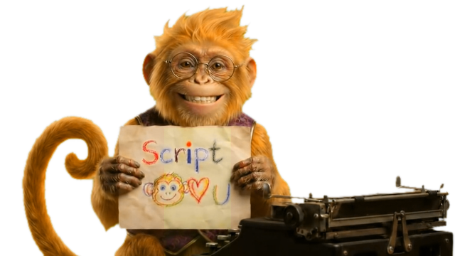 The Script 🐵 mascot at a typewriter